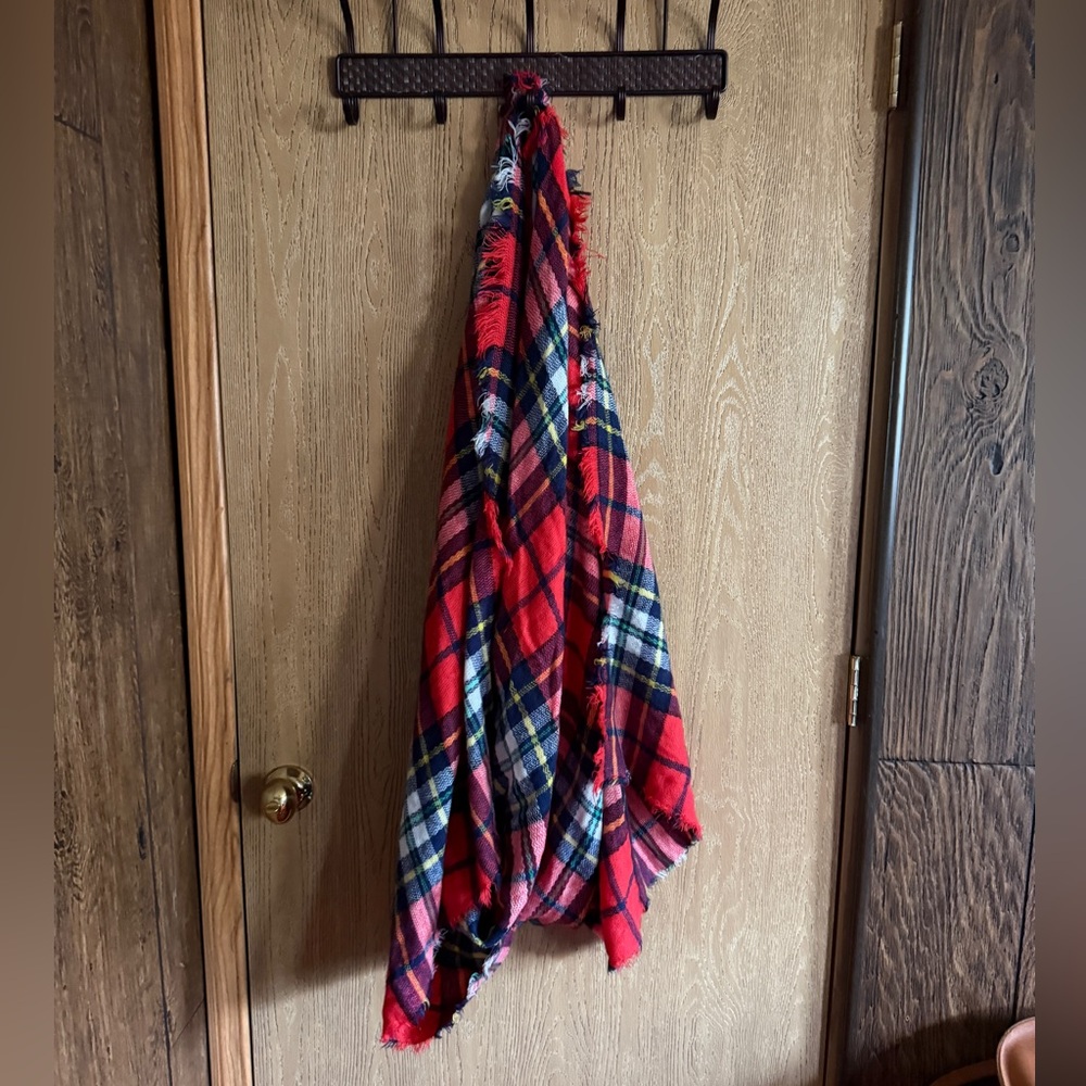 Old Navy Red Plaid Tartan Scarf with Frayed Distresses Ends